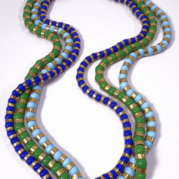 Neiman Marcus Lee Angel Navy Blue Gold Glass Bead Spacer Long Necklace NWT 350 - Picture 13 of 13